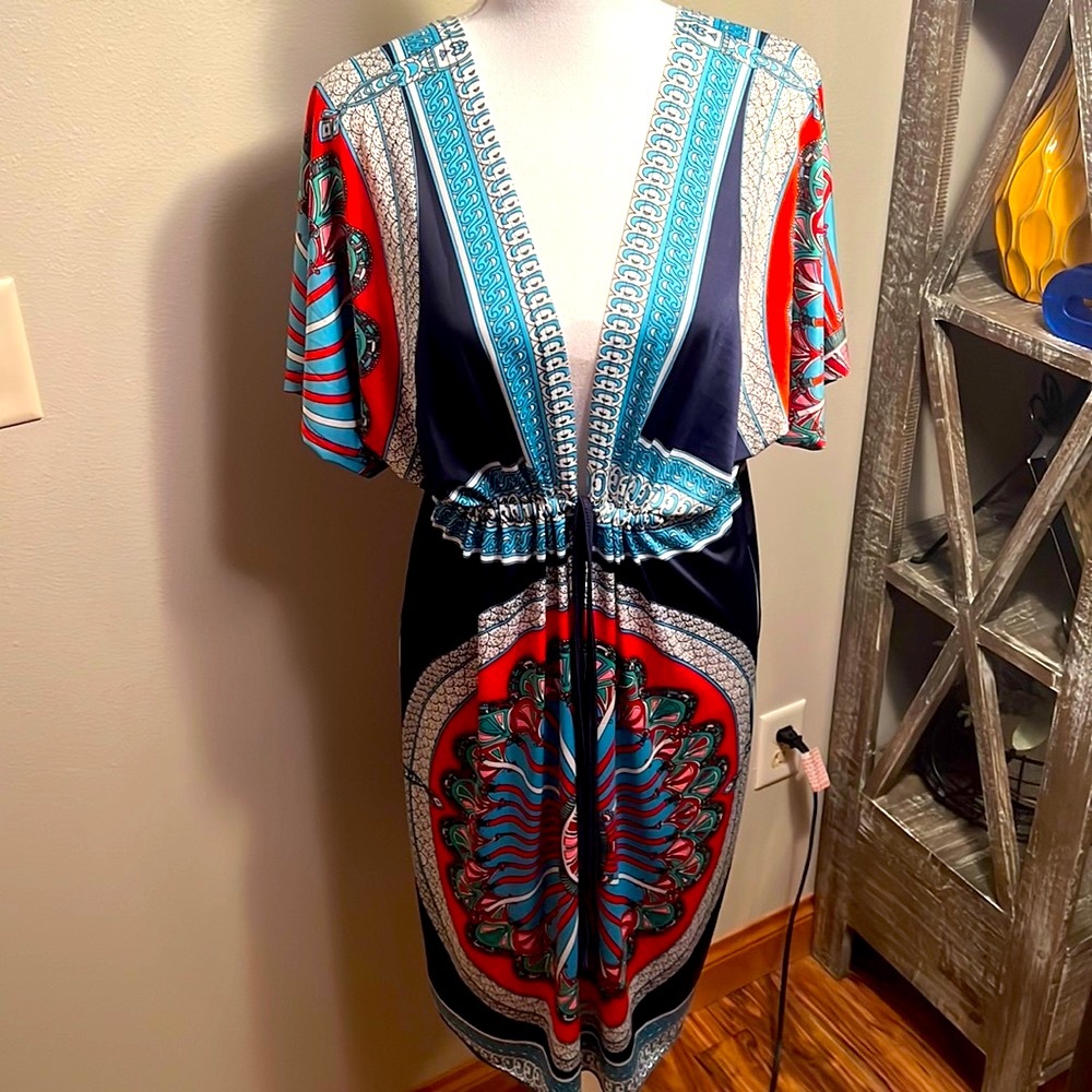 Blue Red Patterned Swim coverup Dress- Large